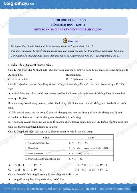 Đề số 3 - Đề kiểm tra học kì 1 - Sinh học 11